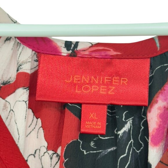 Jennifer Lopez Women SZ XL Red Floral Cold Shoulder Top Blouse V neck - Picture 3 of 14